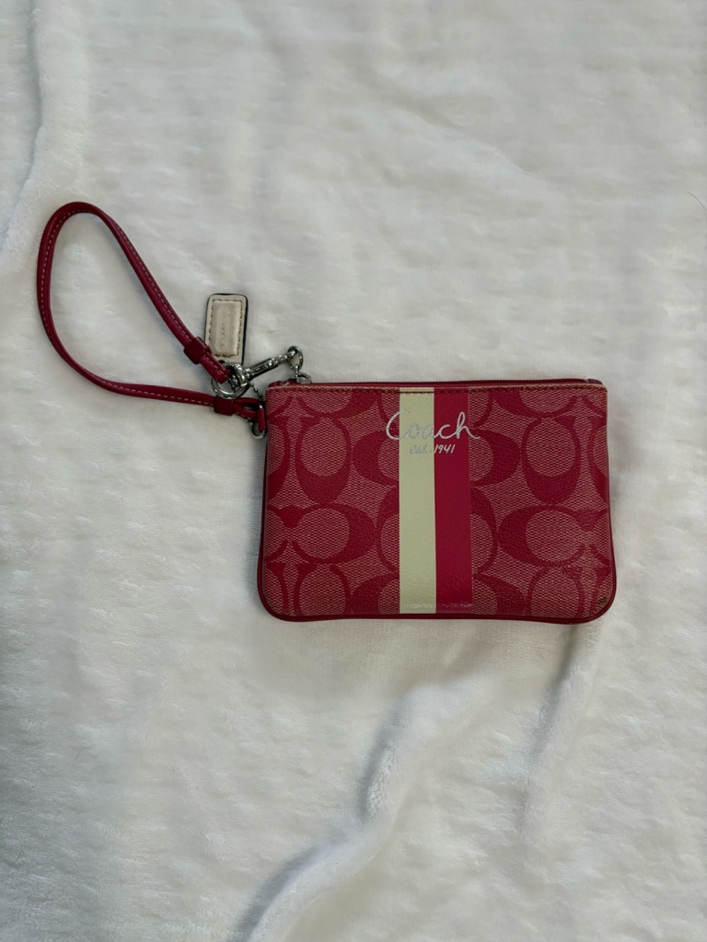 Coach Heritage Pink White Stripe Signature Wristlet with Hang Tag EUC